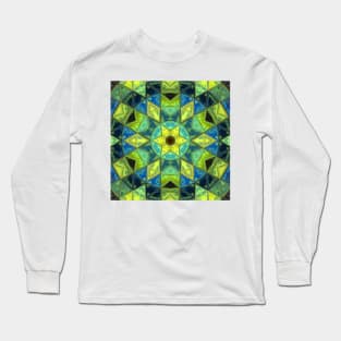 Mosaic Kaleidoscope Flower Blue and Yellow Long Sleeve T-Shirt